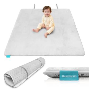 Imagem de Beavtaens Tapete de flanela ultra grosso para brincar para o chão, tapete de cercadinho de espuma 127 x 127 cm com elástico, fácil de armazenar, tapete de tempo de barriga, resistente a respingos