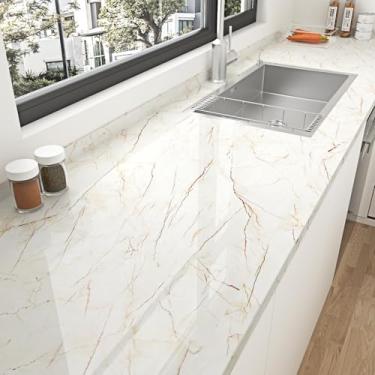 Imagem de Yullpaper Papel de parede de mármore brilhante bege descasque e cole à prova d'água papel de contato de balcão de cozinha autoadesivo rachado brilhante para bancadas, mesa, mesa de vinil 40 cm x 192