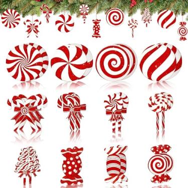 Imagem de 24 peças de enfeites de doces de Natal, decorações de árvore de Natal penduradas em madeira, pingentes de pirulito de bengala de menta e branco vermelho com cordas para Natal, Ano Novo, decoração de