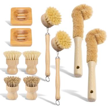 Imagem de Conjunto de 10 escovas de bambu para louças, conjunto prático de escovas de limpeza de pratos, multifuncionais, conjuntos de pincéis de lavagem para panelas de limpeza de cozinha
