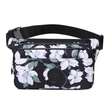 Imagem de Pochetes femininas modernas, bolsa de cintura de grande capacidade, bolsa de cinto, bolsa tiracolo portátil para celular, resistente à água, Flores brancas em um fundo preto, Large, Mochila ajustável