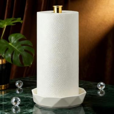 Imagem de VROOMIUM Suporte de toalha de papel, base de cerâmica resistente à água e óleo, serve para rolos de tamanho duplo e familiar, suporte de rolo de cozinha estável e fácil de limpar - dourado