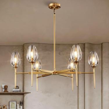 Imagem de Lustre redondo de latão dourado para sala de jantar, lustre de cristal redondo de tulipa K9 dourado de 106,7 cm, luminária de teto pendente para sala de estar quarto entrada, lâmpadas E12 incluídas