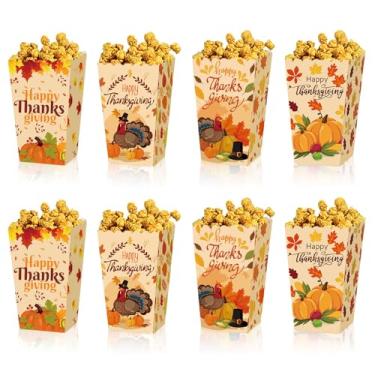 Imagem de XVYLFZNP 8 peças de caixas de pipoca de Ação de Graças, caixa de doces de outono, abóbora, peru, bordo, folha, pipoca, biscoito, papel, caixas de lembrancinhas, para decoração de outono com tema de