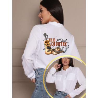 Imagem de Camisa Feminina Social Branca com Estampa Country Moda Sertaneja Blusa