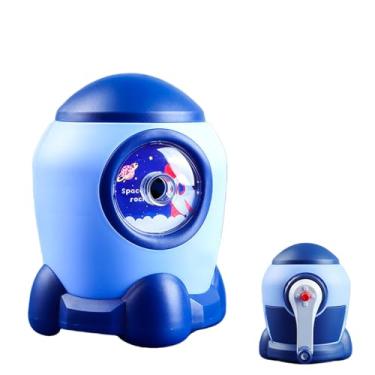 Imagem de GZBABY Apontador de lápis manual, apontador de lápis de manivela com espessura de ponta ajustável, formato de foguete fofo (azul)