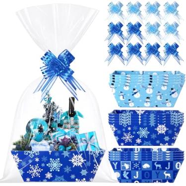 Imagem de Conjunto de 12 cestas azuis de Natal para presente, vazias, 25 x 18 cm, cesta de presente de floco de neve de inverno com sacos de celofane, cesta de Natal para encher com laços, fitas para festas de