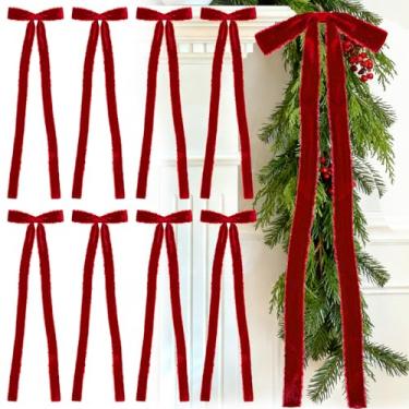 Imagem de Glitinsel 8 peças de laços de Natal de veludo, pré amarrados, feitos à mão, com franjas, laços de fita de veludo, artesanato rústico, embrulho de presente para guirlanda de Natal, guirlanda de escada