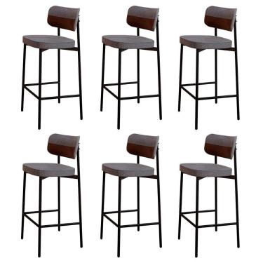 Imagem de Banqueta Alta Bar Estofada Kit 6 Ella M25 Linho Cinza/marrom - Mpozenato
