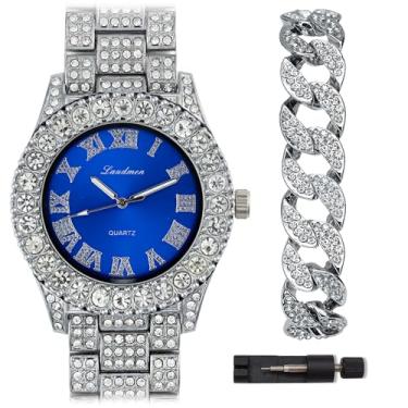 Imagem de ICEDTAG Conjunto de relógio e pulseira com algarismos romanos luxuosos com pedras grandes, mostrador colorido, Ouro branco - conjunto azul, Regular, Decoração de festa chá de bebê dia dos namorados