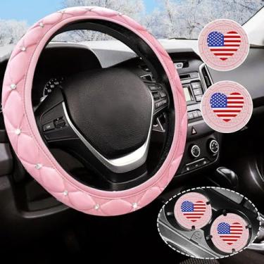 Imagem de Capa de volante rosa brilhante com acessórios de carro rosa strass para mulheres serve universal de 14,5 a 15 polegadas (H-FXPT-2)
