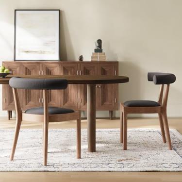 Imagem de Kmax Cadeiras de sala de jantar, cadeiras de cozinha de tecido moderno de meados do século com moldura de acabamento de nogueira natural, encosto curvado de linho, conjunto de 2 peças, preto carvão