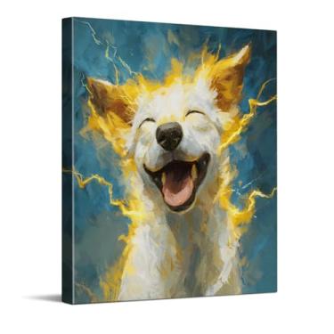 Imagem de CYFDYVT Retrato de cachorro feliz energético com pincelada elétrica vibrante impressão de arte de parede para decoração de casa moderna ilustração em tela 20 x 25 cm