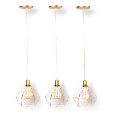 Imagem de 3 Pendentes Diamante Lustre Luminária Aramado Luxo Pirâmide Estrutura Dourado Fio Cristal