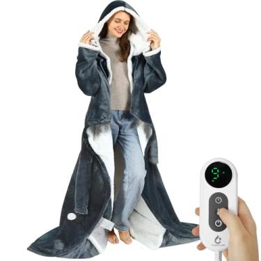 Imagem de Goocoz Cobertores aquecidos vestíveis, cobertor elétrico confortável com bolsos para os pés, mangas, capuz, cinto, 127 cm x 178 cm, cobertor de aquecimento elétrico vestível