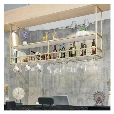 Imagem de THGYJP Rack de teto para copos de vinho, prateleira flutuante de bar, armário de suporte de vinho de grande capacidade com suporte de vidro, rack de exibição de armazenamento de vinho/louça