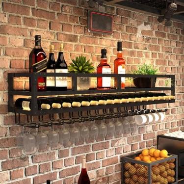 Imagem de Prateleira de vinho montada na parede com luzes Garrafas de vinho industriais Prateleiras flutuantes de vidro com suporte de taça, plantas modernas, fotos, exibição de vinho, suporte de armazenamento