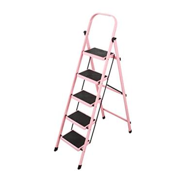 Imagem de Escadas dobráveis escadas de metal de ferro escada de 5 degraus banqueta dobrável com pega e pedal largo escada resistente 150 kg capacidade para escada resistente doméstica (cor: Escada D) (Escada B)