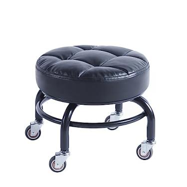 Imagem de BSNANCA Banqueta baixa polia para casa banqueta redonda com roda giratória pequena assento de couro PU acolchoado confortável apoio para os pés banco baixo rolamento (vermelho D33*H30cm) (branco D33