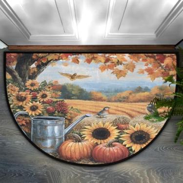 Imagem de Tapete de porta meio redondo, fazenda, outono, girassol, antiderrapante, absorvente, semicírculo, tapetes laváveis, para ambientes internos e externos, pátio, cozinha, banheiro, entrada, lareira