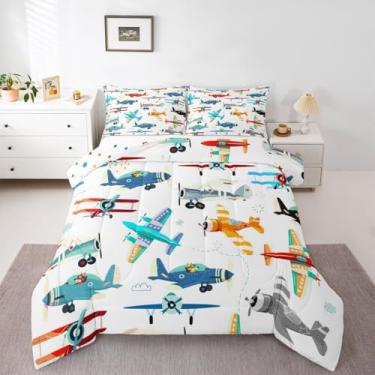 Imagem de jejeloiu Conjunto de edredom com estampa de avião, tamanho solteiro, para crianças, meninos, meninas, helicóptero, avião voador, edredom para viagem, decoração de quarto, microfibra, 2 peças com 1