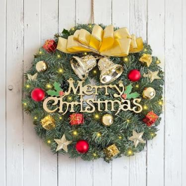 Imagem de Guirlandas de Natal para porta da frente, guirlanda de Natal artificial pré-iluminada decorada com ramos de pinheiro, sinos dourados, bolas de Natal e decorações de presente para janelas de parede da