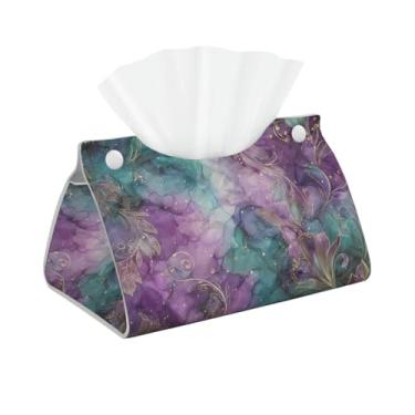 Imagem de Suporte de capa de caixa de lenços de flor dourada roxa - Organizador decorativo de couro PU para mesa, banheiro, carro, escritório