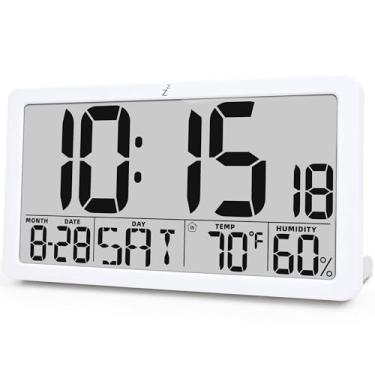 Imagem de TXL Relógio de parede digital com visor grande, operado por bateria com temperatura e umidade, horário de verão automático, data e dia da semana, alarme de configuração fácil, para sala de estar