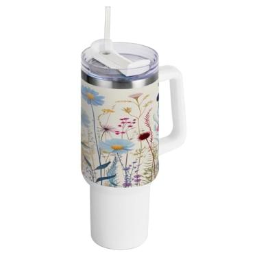 Imagem de xigua Copo vintage de flores silvestres de 1,134 g com alça e canudo, aço inoxidável duplo isolado a vácuo garrafa de água suporte de copo de garrafa de água amigável à prova de vazamento copo de