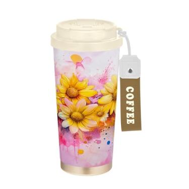 Imagem de SEHANY Caneca de viagem colorida de ervas silvestres de 500 ml Copos de café reutilizáveis revestidos de cerâmica com tampa à prova de vazamento, parede dupla, isolamento a vácuo, copo de café de aço