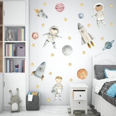 Imagem de Adesivo de Parede Astronautas Aquarela Cute Baby Planetas Foguetes Dec