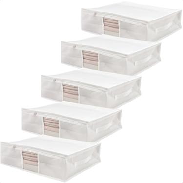 Imagem de Kit 5 Saco Organizador M Capa Protetora Rouparia Roupas Cobertos Toalhas Cama Mesa Banho 50x45x15cm (Branco)