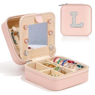 Imagem de Caixa de joias de viagem, caixas de joias com inicial para mulheres, presentes de aniversário para mulheres, presentes de Natal personalizados rosa fofos para ela, estojo de joias de viagem, portátil