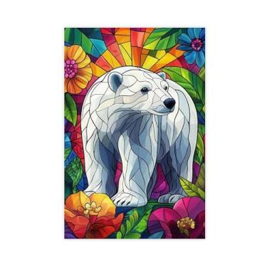 Imagem de Urso polar animal de vidro manchado em lona floral pôster estética arte de parede para casa quarto escritório dormitório sala de estar decoração desenquadrar 12 x 18 polegadas (30 x 45 cm)