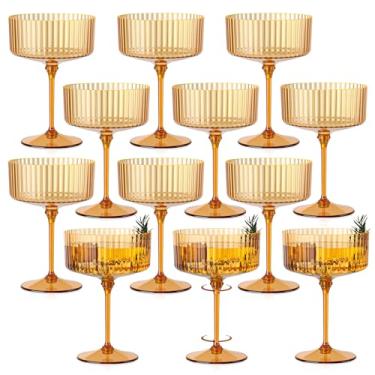 Imagem de HKSZEH 12 peças de copos de cupê canelados, de plástico âmbar, champanhe, copo de cupê, 293 ml, com borda dourada, removível, copo de martini, vintage, Margarita, copo de coquetel, descartável para o