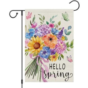 Imagem de Heyfibro Hello Spring Flower Garden Flag 30 x 45 serapilheira dupla face, buquê floral em aquarela com borboletas banner de quintal para decoração rústica sazonal de verão ao ar livre (apenas bandeira