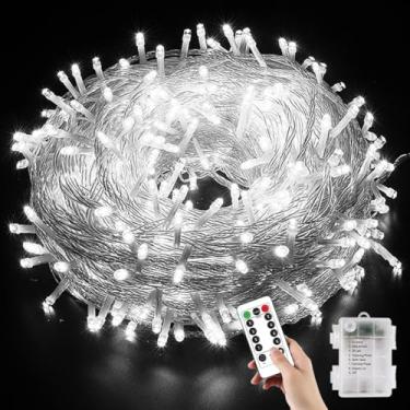 Imagem de YUANHUYUOU Luzes de corda de Natal, 10 m, 80 LED, luzes de fadas com controle remoto, luzes de corda à prova d'água operadas por bateria para decoração interna e externa, jardim e casamento (branco)