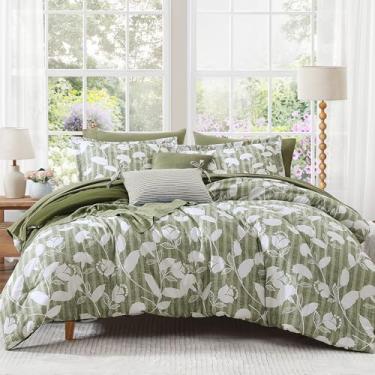 Imagem de BLOOMHAVEN Conjunto de edredom King com 7 peças, verde-oliva, floral, para todas as estações, edredom com flores botânicas, lençóis, fronhas e fronhas