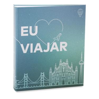 Imagem de Álbum de fotos Ical, encadernação tradicional, para 200 fotos 10x15cm - envelope plástico transparente - linha Viagem - modelo azul - eu amo viajar - 556