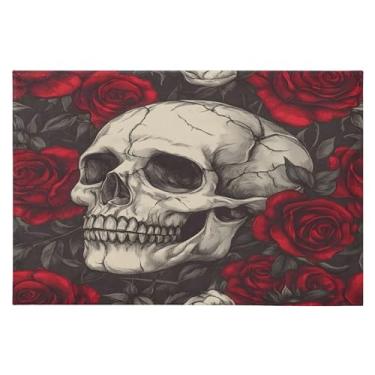 Imagem de CEBUGI Tapete de área 60 x 90 cm macio lavável tapete antiderrapante com suporte de borracha caveira rosas tapetes de área para sala de estar, quarto, decoração de casa