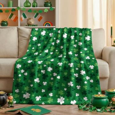 Imagem de Horaldaily Cobertor de flanela para o dia de São Patrício, primavera trevo verde folhas macias felpudas, aconchegantes cobertores de lã para sofá, cama, presente ideal para crianças e adultos, 152 x