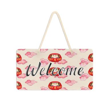 Imagem de Burbuja Linda placa de boas-vindas de bonecas Daruma para porta da frente, placa de boas-vindas de PVC para pendurar na parede varanda casa de fazenda, decoração de feriados, 15 x 28 cm