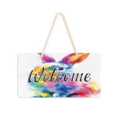 Imagem de Burbuja Placa de boas-vindas colorida de coelho para porta da frente, placa de boas-vindas de PVC para decoração de férias, 15 x 28 cm