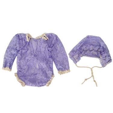 Imagem de Ainoli Macacão para fotografia de bebê, adereços para fotos, chapéu, roupa de renda, conjunto de fantasia para recém-nascido (Roxo claro)