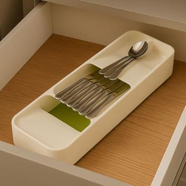 Imagem de Organizador de Gaveta para Talheres, Porta Talheres de Cozinha com Separadores para Facas, Colheres e Garfos, Branco e Verde