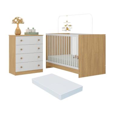 Imagem de Berço 3 em 1 com Colchão Incluso e Cômoda 4 Gavetas Brisa Multimóveis MP4775 Madeirado/Branco