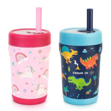 Imagem de Zukro Copo de aço inoxidável com isolamento infantil com canudo flexível resistente a derramamentos, garrafa de água infantil, ótimo para viagens, lavável na lava-louças, 340 g, Dino-Uni