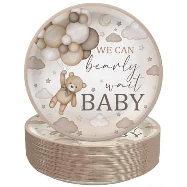 Imagem de Yuzioey 50 peças de pratos de chá de bebê de urso marrom, pratos de papel descartáveis We Can Bearly Wait, pratos de mesa decorativos de chá de bebê de urso pratos de sobremesa
