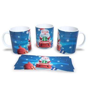 Imagem de Caneca de Cerâmica Tema Natal com Papai Noel na Chaminé, Azul com Flocos de Neve, 325ml (01)