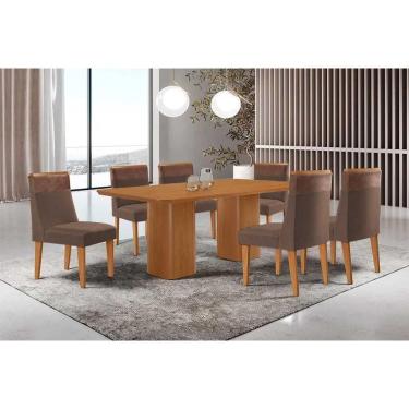 Imagem de Sala Jantar Mesa Maldivas Tampo Curvo 180cm+6 Cadeiras Jaspe Madeira Naturale - Capuccino/Suede Marrom - Rufato